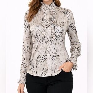 St. John Silk Ruffled Blouse | Long Sleeve High Neck | Neutral Print | L